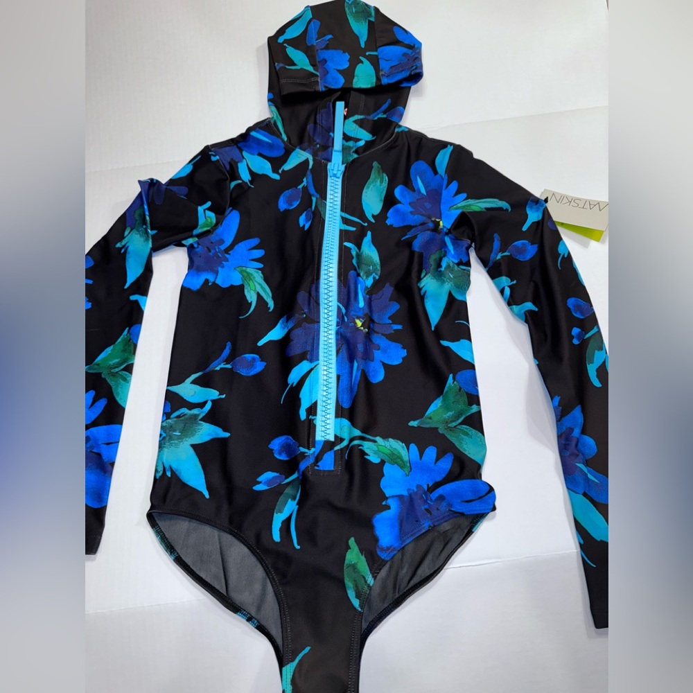 Watskin x Free People Lola Midnight Floral Hooded Bodysuit Swimsuit M